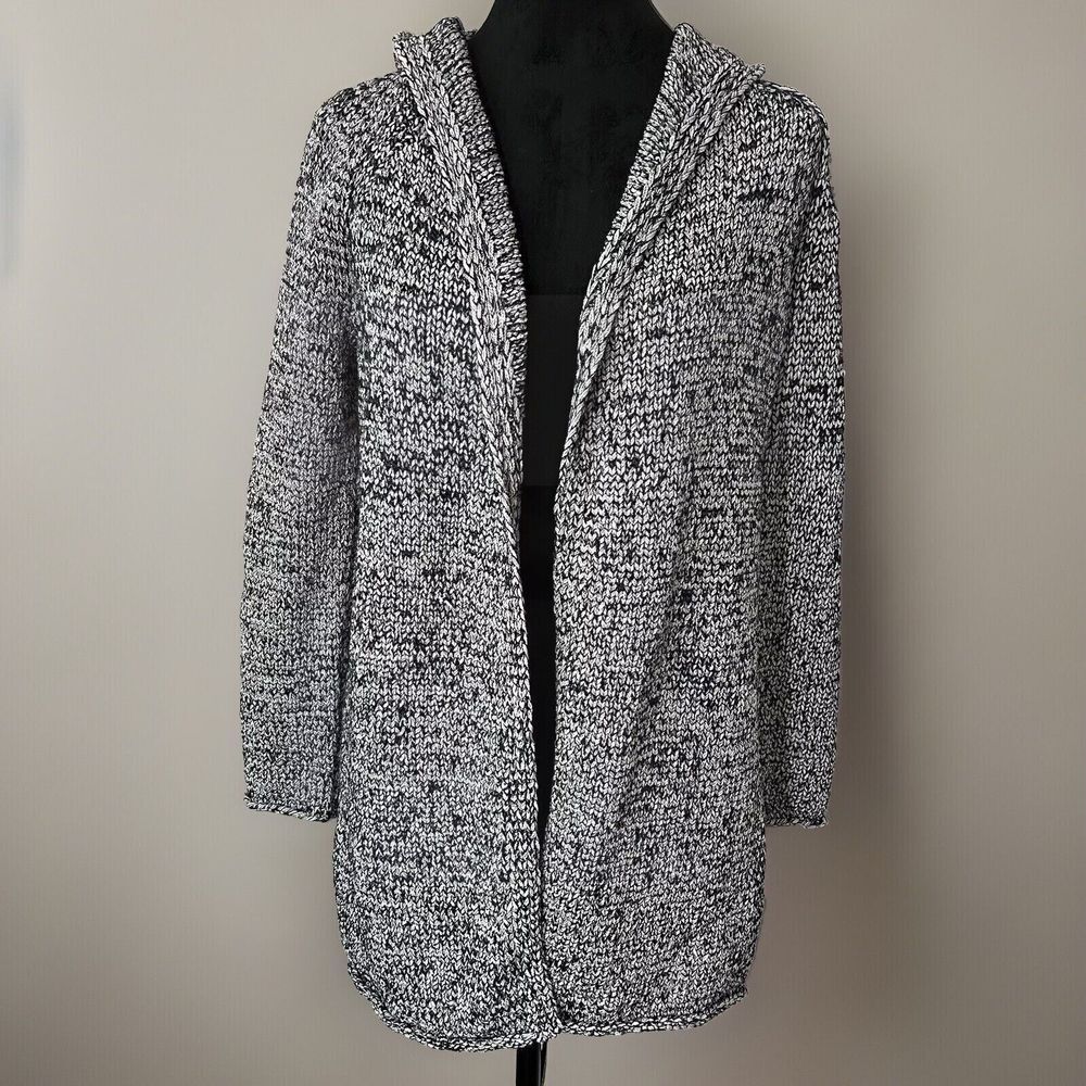 Loft Outlet Black White Marled Hooded Cardigan Sweater‎ Open Front Small 70278